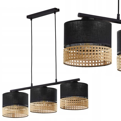 Lampa wisząca na listwie PAGLIA BLACK z kloszami z tkaniny i rattanu TK Lighting