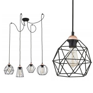 Lampa wisząca GALAXY 4PŁ pająk loft z 4 drucianymi czarnymi kloszami, dodatki w miedzianym kolorze TK Lighting