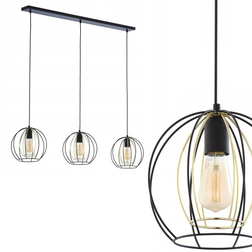 Lampa wisząca JAULA na listwie z trzam drucianymi, czarno-złotymi kloszami loft TK Lighting