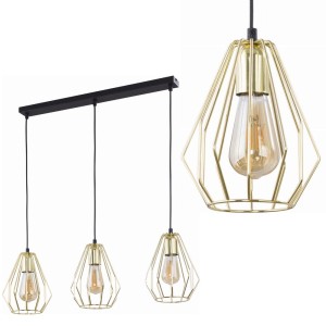Lampa wisząca BRYLANT GOLD na czarnej listwie z 3 złotymi, drucianymi kloszami TK LIGHTING