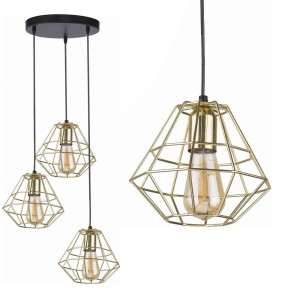 Lampa wisząca DIAMOND GOLD na okrągłej rozecie z 3 złotymi, drucianymi kloszami TK LIGHTING