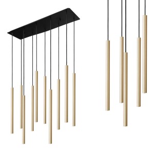 Lampa wisząca LASER SOLID BRASS X na czarnej rozecie z 10 mosiężnymi, długimi kloszami Nowodvorski