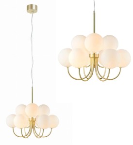 Lampa wisząca BIANCO 9L z białymi kulami na złotymi stelażu Markslojd