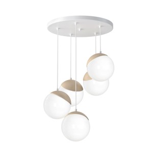 Lampa wisząca SFERA WOOD na okrągłej rozecie ze szklanymi kloszami i drewianymi elementami Milagro