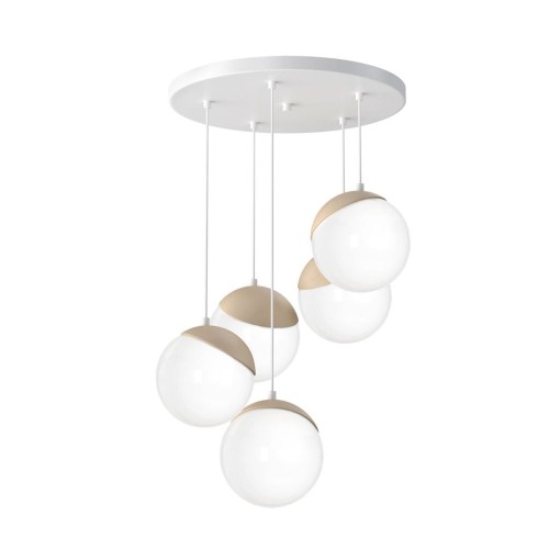 Lampa wisząca SFERA WOOD na okrągłej rozecie ze szklanymi kloszami i drewianymi elementami Milagro