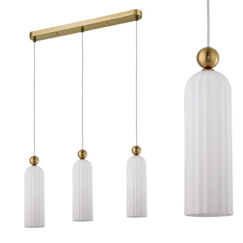 Lampa wisząca Piega 3 biała na listwie ze złotymi kulami i szklanymi kloszami Light Prestige