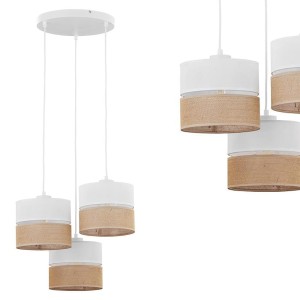 Lampa wisząca LINOBIANCO na okrągłej rozetce z 3 kloszami z juty i tkaniny TK Lighting