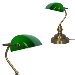 Lampka biurkowa EDES bankierska z zielonym kloszem i nóżką w kolorze mosiądzu Zuma Line