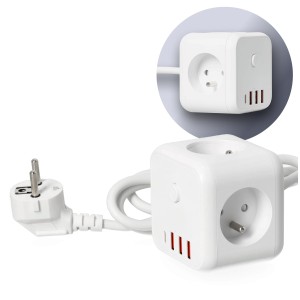 Przedłużacz biały z przewodem 1,5m, 3-gniazda z uziemieniem i wyłącznikiem + 4xUSB