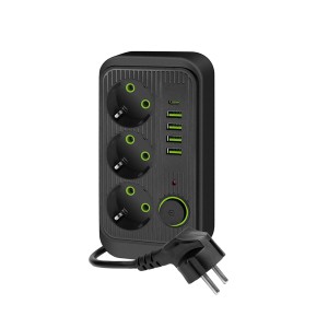 Przedłużacz czarny 3 gniazda z uziemieniem i wyłącznikiem, przewód 3m, 5xUSB