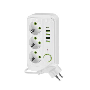 Przedłużacz biały 3 gniazda z uziemieniem i wyłącznikiem, przewód 5m, 5xUSB