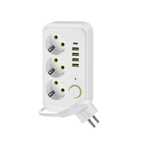 Przedłużacz biały 3 gniazda z uziemieniem i wyłącznikiem, przewód 5m, 5xUSB