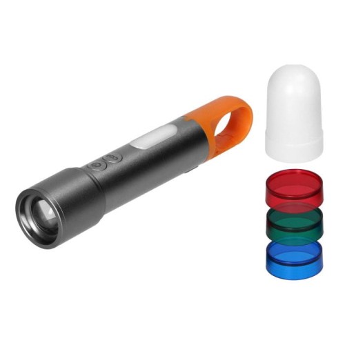 Latarka akumulatorowa LED 10W + 3W COB  z funkcją zoom i kolorowymi nakładkami , ładowanie USB