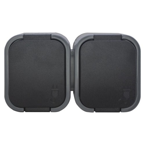 Gniazdo podwójne natynkowe bryzgoszczelne z klapką IP54 szare/czarne