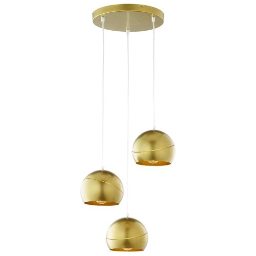 Lampa wisząca YODA GOLD ORBIT na okrągłej rozecie z trzema złotymi kloszami zawieszonymi kaskadowo TK Lighting
