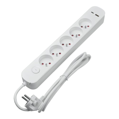 Listwa ochronna z wyłącznikiem 5 gniazd 16A  2 x USB biała 1.5 m