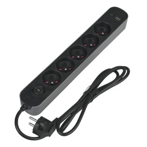 Listwa ochronna z wyłącznikiem 5 gniazd 16A  2 x USB czarna 1.5 m