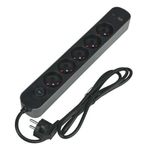 Listwa ochronna z wyłącznikiem 5 gniazd 16A  2 x USB czarna 1.5 m