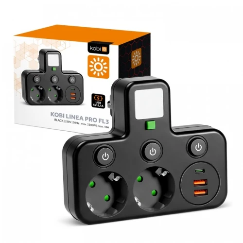 Rozgałęźnik LINEA PRO FL3 2gn+2USB/1USB-C 4000K czarny Kobi