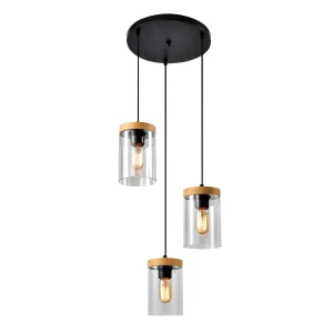 WELS LAMPA WISZĄCA TALERZ CZARNY+DREWNIANY 3X40 E27 KLOSZ DYMIONY 33-22011 Candellux