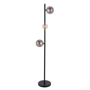 Lampa podłogowa Kama 3x28W G9 czarna i złota, klosze grafitowe i bursztynowe, elegancka lampa stojąca, nowoczesny design do salonu 53-47588 Candellux
