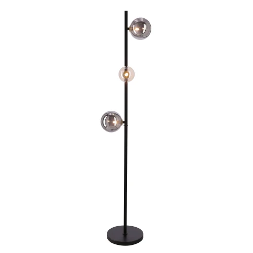 Lampa podłogowa Kama 3x28W G9 czarna i złota, klosze grafitowe i bursztynowe, elegancka lampa stojąca, nowoczesny design do salonu 53-47588 Candellux