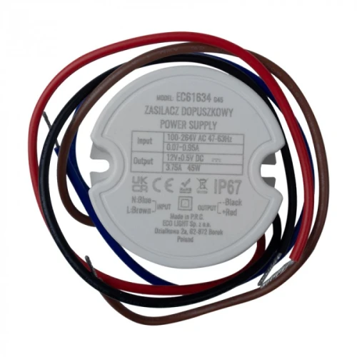 Zasilacz do puszki fi60 45W 12V IP67 50x22 EC61634 Eco Light