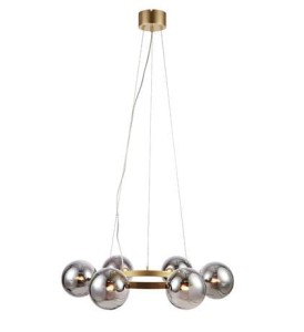 Lampa wisząca CIRCLE 6L na złotej obręczy z kloszami w kształcie kuli z dymionego szkła Markslojd