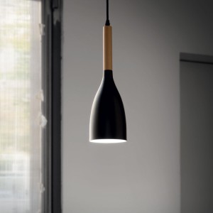 Lampa wisząca MANHATTAN SP1 NERO czarna z metalowym kloszem i drewnianym elementem