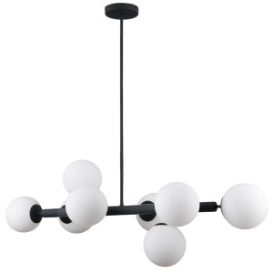 Lampa wisząca Raddi na czarnym stelażu z 8 białymi kloszami ze szkła Italux