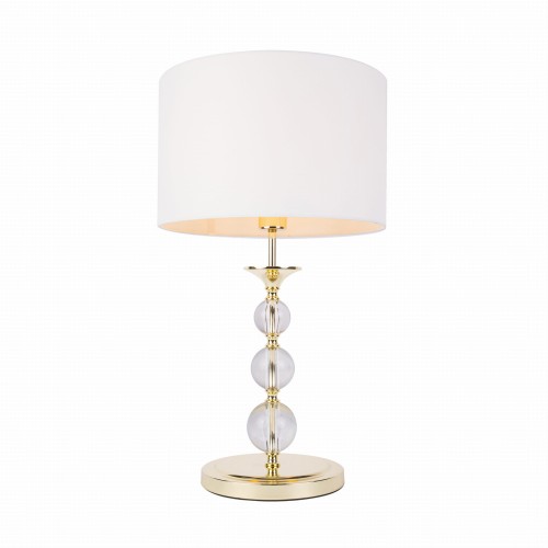 Lampa stołowa REA na złotej nóżce ze szklaną dekoracją i białym abażurem Zuma Line